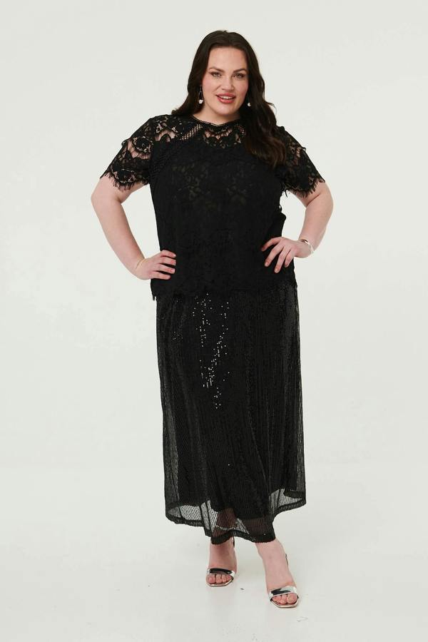 Black | Curve Sequin Layered Midi Skirt