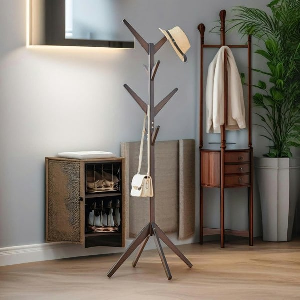 Rafaelo Mobilia Wooden Coat Stand With 8 Hooks Natural Brown