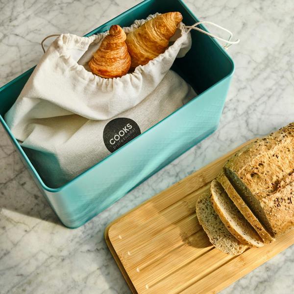 Cooks Professional Embossed Bread Bin, Linen Bag and Bamboo Board Set | Teal
