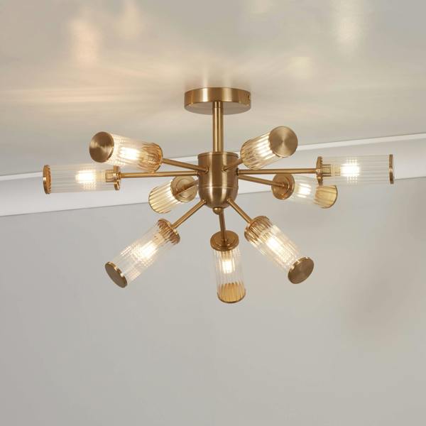 Pagazzi Lighting Enid Ribbed Glass & Brushed Gold Semi-Flush Ceiling Light