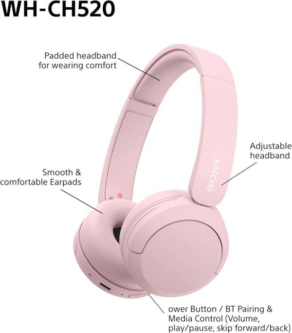 Sony WH-CH520 Over Ear Wireless Bluetooth Headphones Pink - WHCH520P.CE7