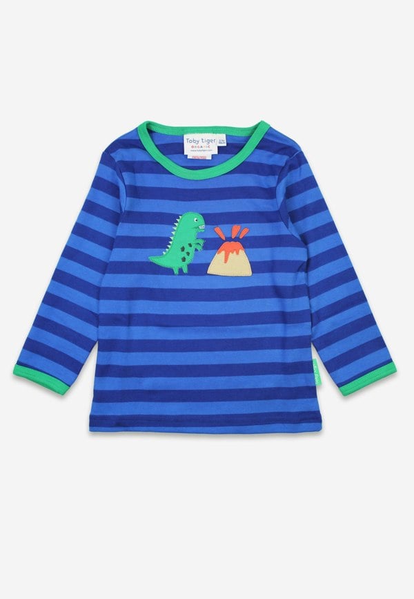 Toby Tiger Organic Blue Tonal Dinosaur Applique Long-Sleeved T-Shirt
