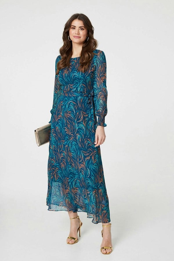Teal | Abstract Long Sheer Sleeve Maxi Dress : Model is 5'9"/175 cm and wears UK10/EU38/US6/AUS10
