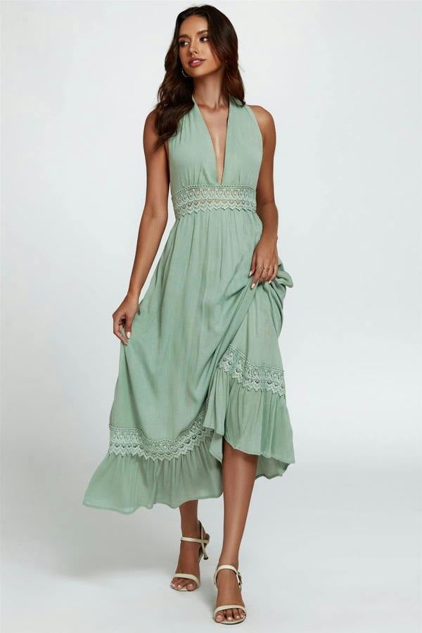 FS Collection Lace Detail Adjustable Deep V Neckline Maxi Dress In Green