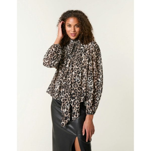 Blue Vanilla Leopard Print Tie Neck Puffball Top