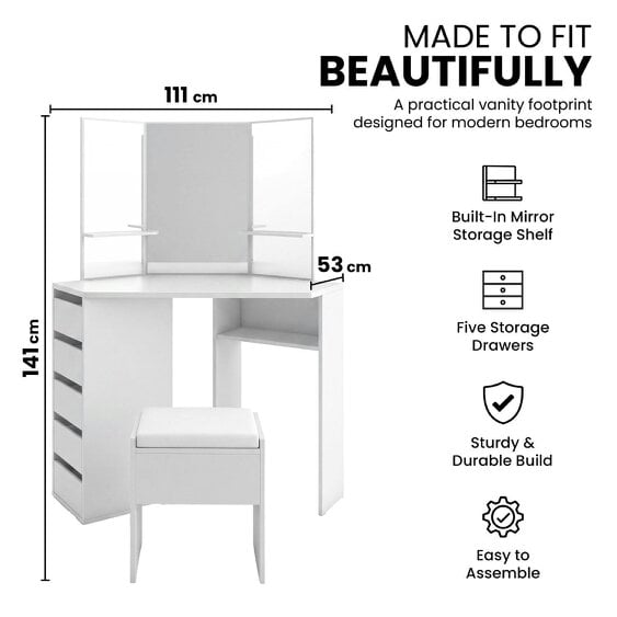 Kosy Koala Corner Dressing Table with Mirrors and Stool Makeup Vanity Mirror Hollywood Table