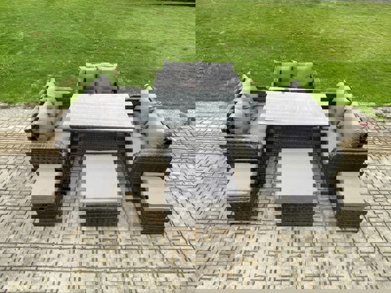 Fimous Rattan Garden Outdoor Furniture 3 PC Love Sofa Set Adjustable Rising lifting Dining Table With 3 Footstools