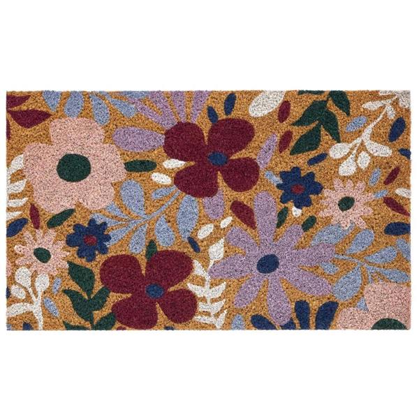 Floral patterned doormat with colorful flowers on a brown background
