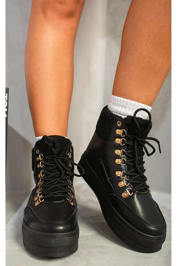 Jillian Leather Lace Up Front Platform Boots - Black