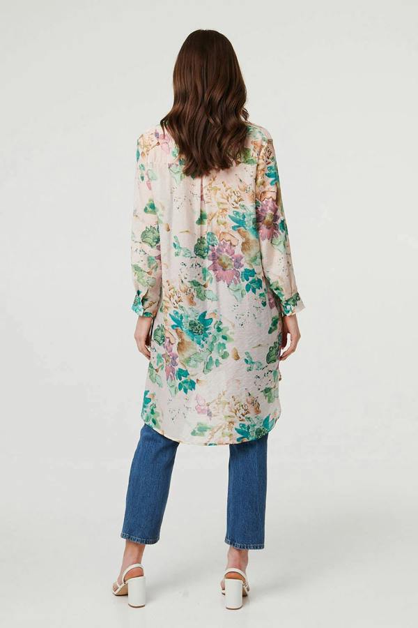 Green | Floral Long Sleeve Longline Floaty Shirt