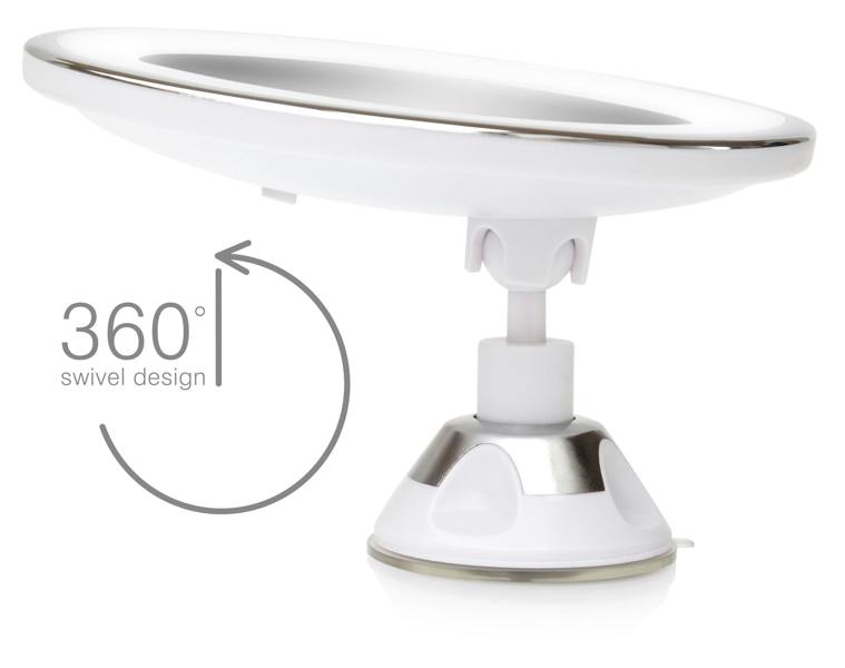 Multi use LED illuminated make up mirror with suction cup base and mirror tilted back captioned 360 degree swivel design