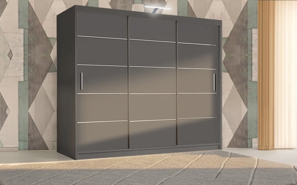 RAC3 Stylish Bedroom Sliding Wardrobe with LED Light -  comes in White/Grey/Black/Oak and Width 120cm/150cm/180cm/203cm/250cm (Black, 120cm)