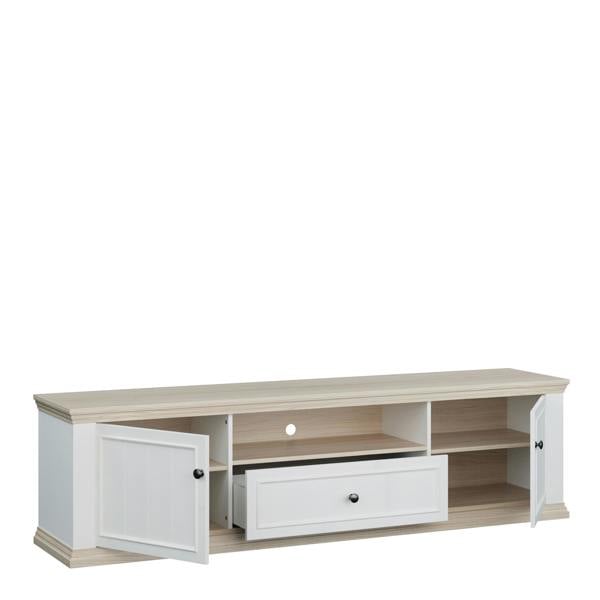 Furniture To Go Pontypool Wide TV Unit with 2 Doors, Drawer & Open Shelf in White and Riva Oak