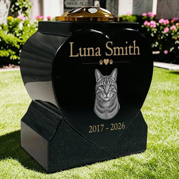 Memorials Direct Cat Memorial Granite Heart-Shaped Photo Vase