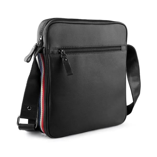 Medium leather tablet shoulder bag for men showing slim profile