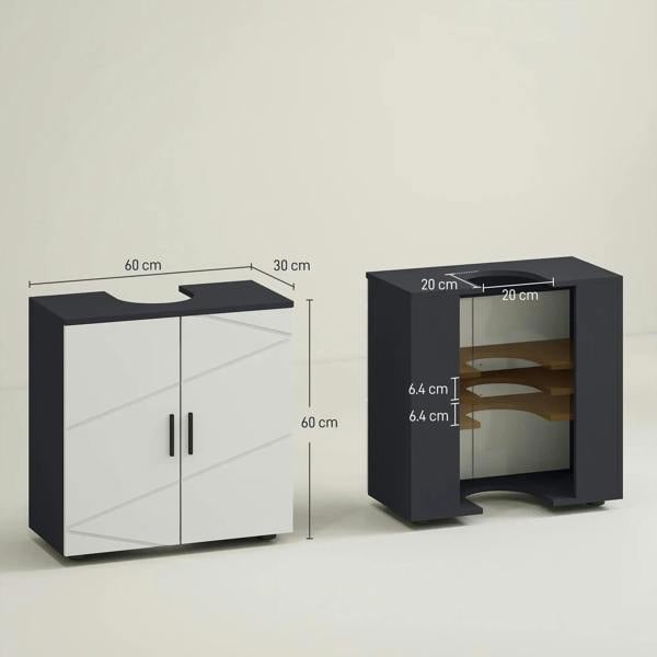 Light grey vanity cabinet with black top, U cut-out, and visible interior shelf