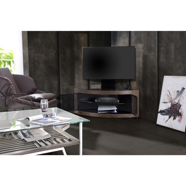 Homeology PANGEA Black/Walnut Beam-Thru Curved True-Corner 32"-50" TV Cabinet with Mounting Arm