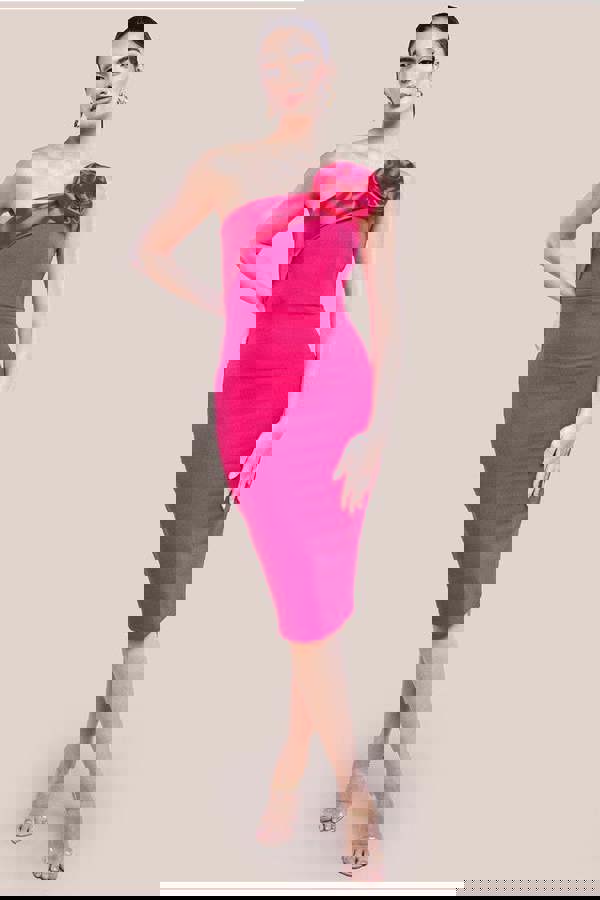 Satin Corsage Scuba Crepe Midi Dress - Magenta DR4254