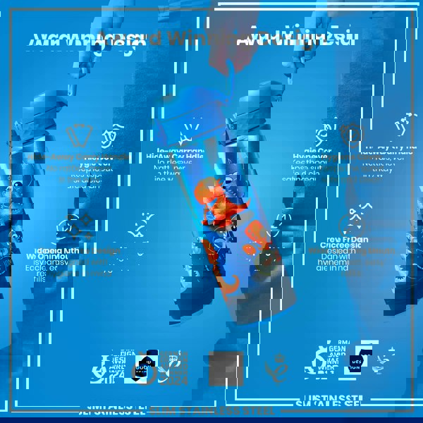 A blue water bottle, with a dinosaur design, is being held. Its features include a hide-away handle, crevice-free design, hygiene cover, and wide mouth. It’s an award-winning, slim stainless steel bottle.