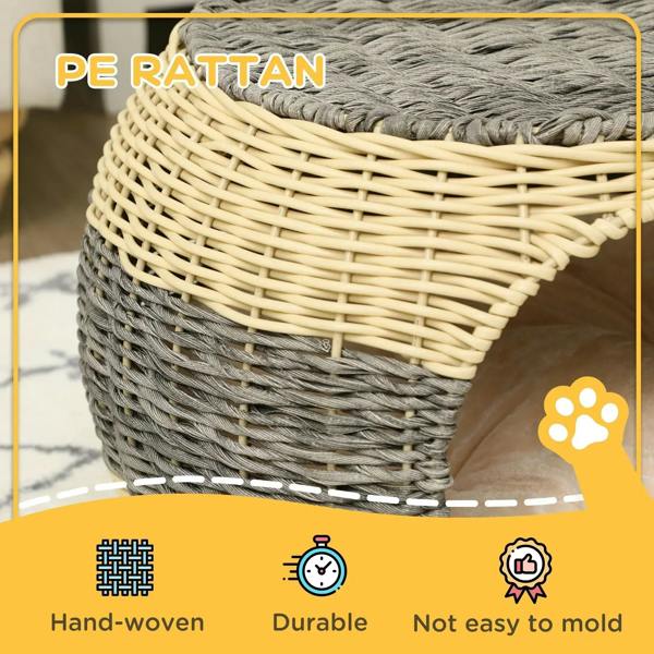 Two-tone wicker cat house with gray top cushion and rattan-style woven walls.