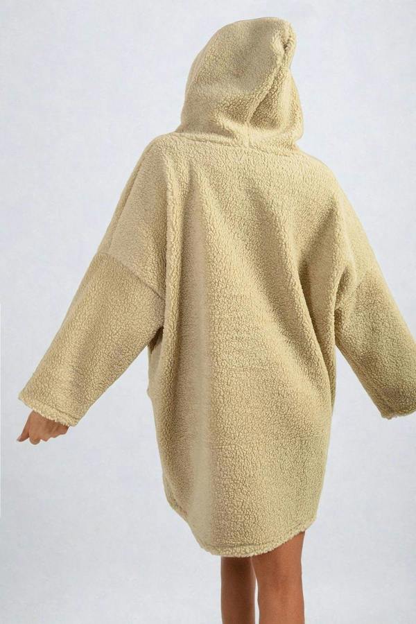 Melissa Drawstring Teddie Hoodie Jacket With Front Pockets - Beige