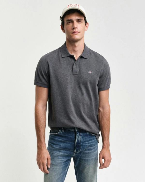 GANT Mens Regular Fit Short Sleeve Shield Logo Pique Polo - 95 Anthracite Melange - CHO - Designer Mens Short Sleeve Polo Shirts