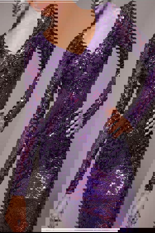 Contrast Sequin Long Sleeve Midi Dress - Purple DR3607
