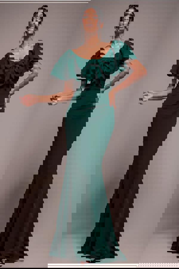 Cape Sleeve Detail Front Tie Maxi Dress - Emerald Green DR4908