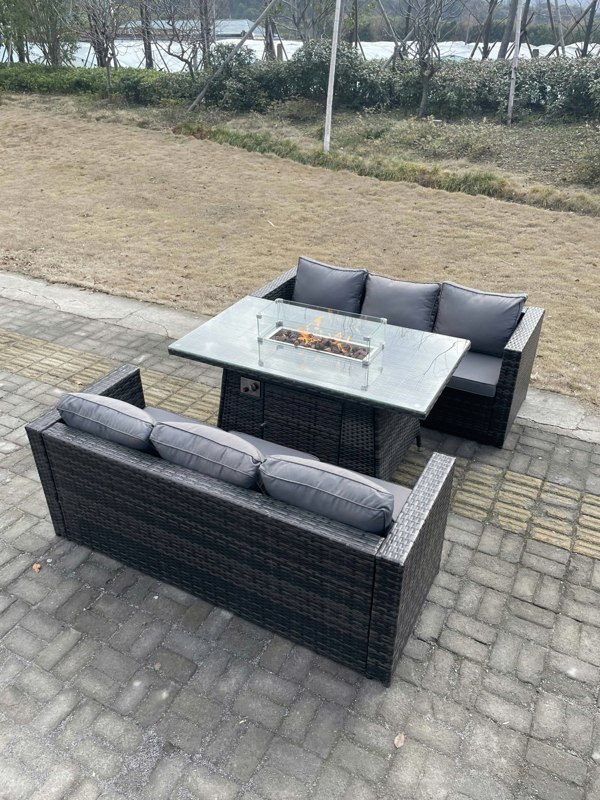 Fimous Rattan Outdoor Garden Furniture Set with 2 Sofas & Gas Firepit Dining Table - 6 Seater - Dark Grey