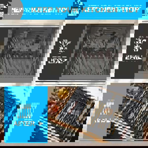 MANTRARAJ Bamboo Cutlery Drawer Organiser With Knife Block Expandable Cutlery Tray for Kitchen Drawers 5-7Compartments