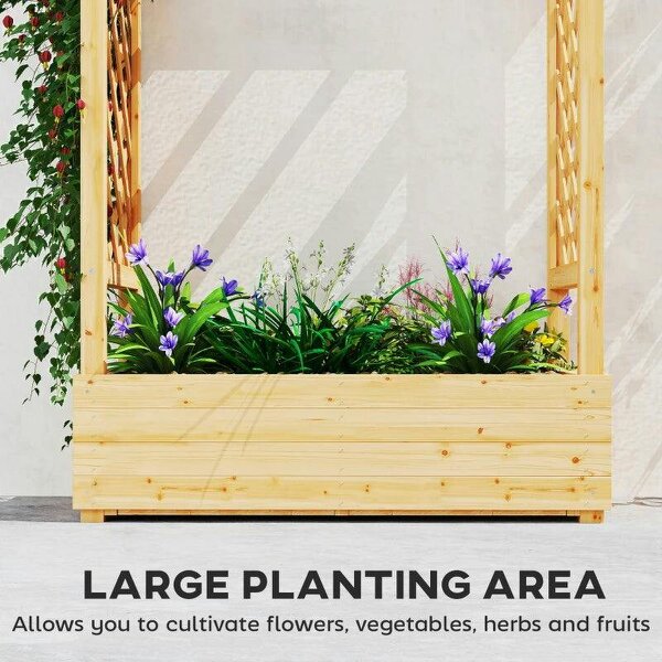 Bobobiy Garden Planter with Trellis, Wooden Raised Bed with Hanging Roof and Drainage Holes, 110 x 44 x 113 cm, Natural