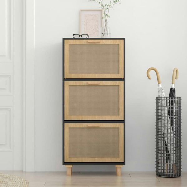 Berkfield Shoe Cabinet Black 52x25x115 cm Engineered Wood&Natural Rattan