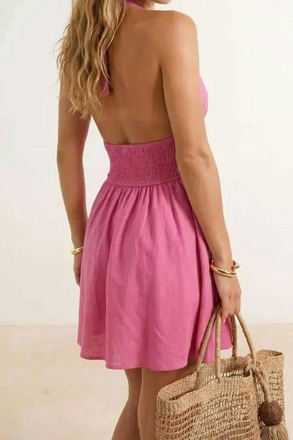 WOVCOR Woven V-Neck Super Mini Gathered Detail 100% Cotton Beach Dress