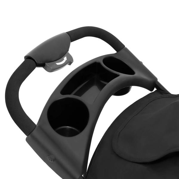 Black pet jogger handle with dual cup holders, featuring a soft grip and sleek design for comfortable strolling with pets