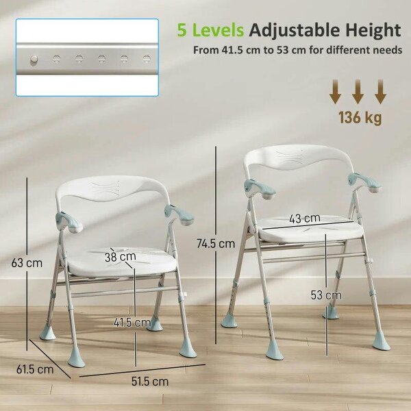 Foldable Shower Chair with Flip-Up Armrests, Shower Stool with Adjustable Height, Tool-Free Assembly, 136 kg