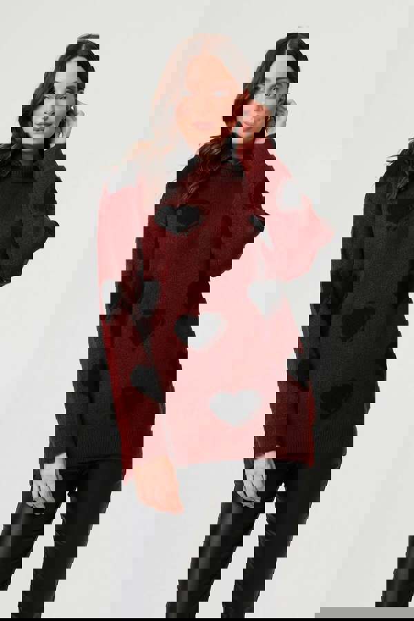 Burgundy | Heart Print Denim Trim Collar Jumper
