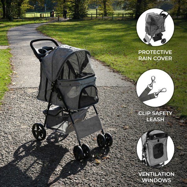 Monstershop Pet Stroller with Rain Cover - Woven Grey