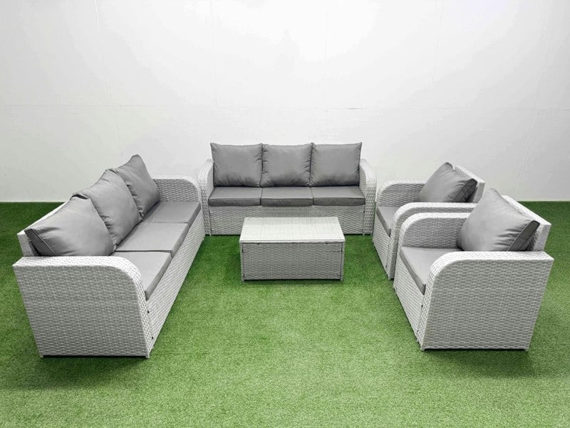 Fimous PE Rattan High Back Lounge Sofa Set Patio Coffee Table & Chairs Set with 3 Seater Sofa Reclining Chair Light Grey