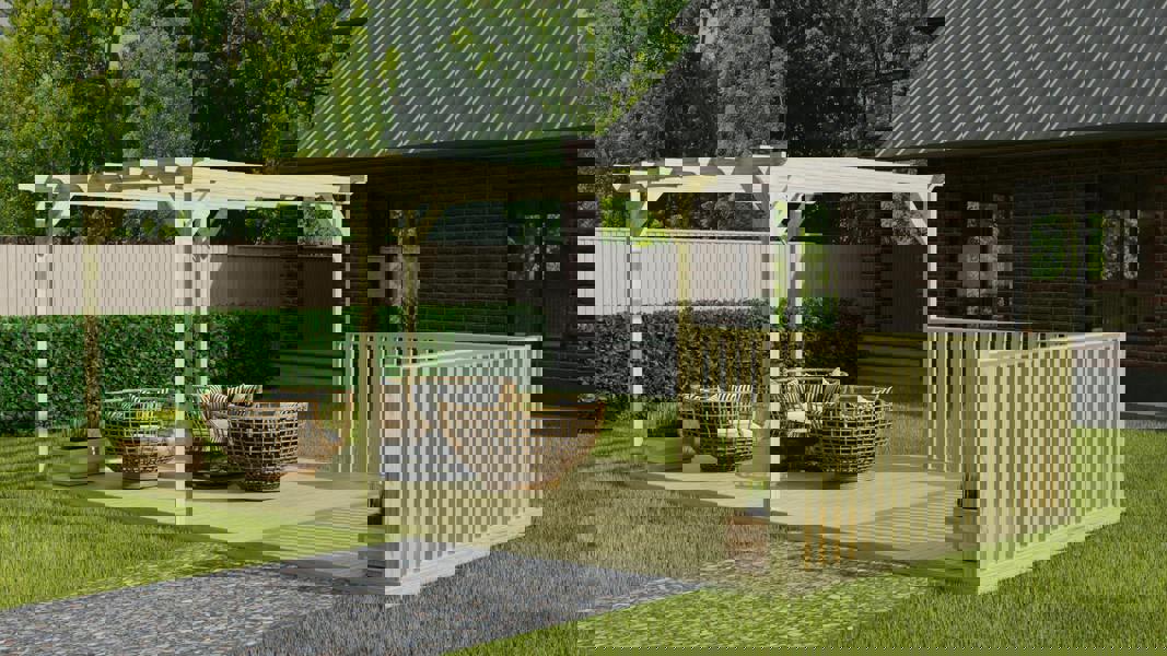 Rectangular pergola and decking kit with balustrade, made from pressure treated timber and high quality pergola posts, featuring a raised wooden deck, vertical slatted balustrade, and an open pergola roof frame.