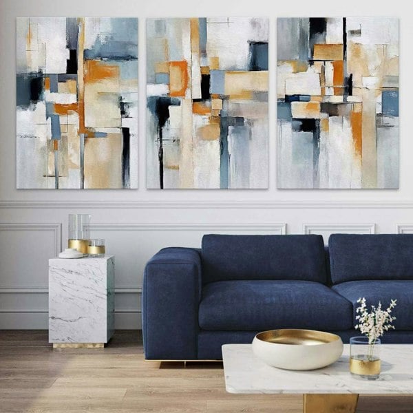Artze Wall Art Abstract Blue and Orange on Beige Set of 3 Canvas Wall Art