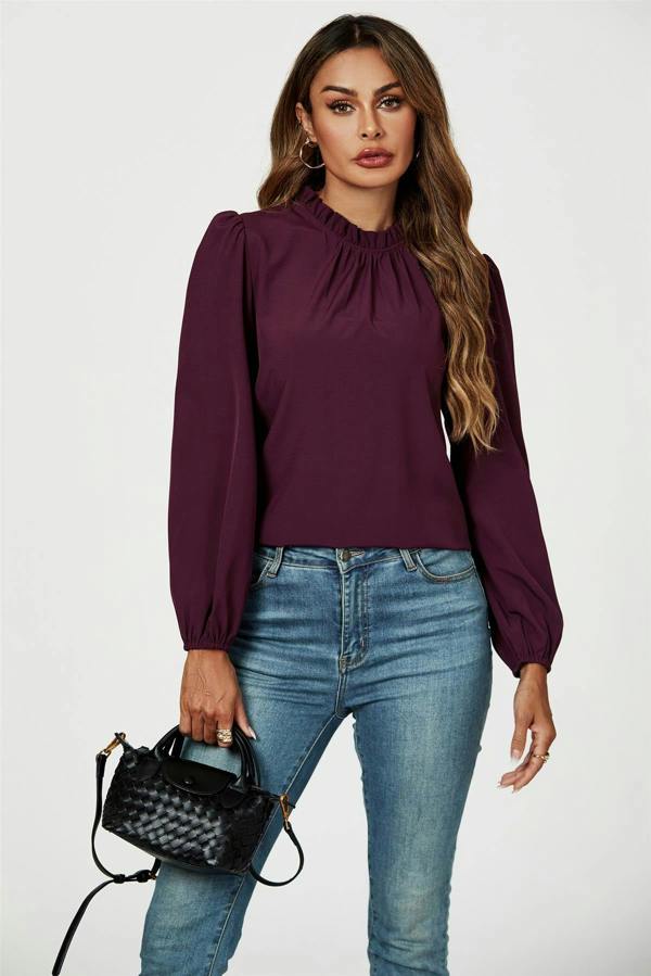 FS Collection Frill Detail High Neck Top In Plum