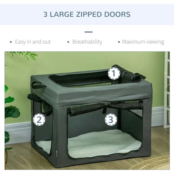 Grey pet carrier with three large zippered doors, mesh sides, and cushioned floor