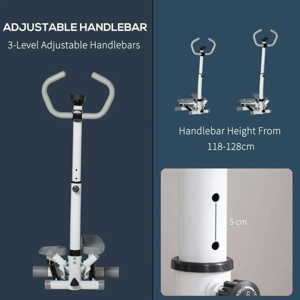 3-level adjustable handlebar height for twist stepper with gray footplates on a white frame