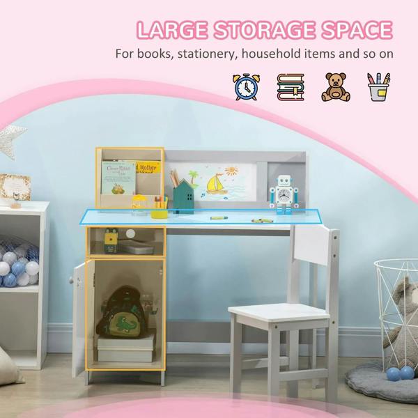 Grey kids desk with open storage and whiteboard top plus matching chair