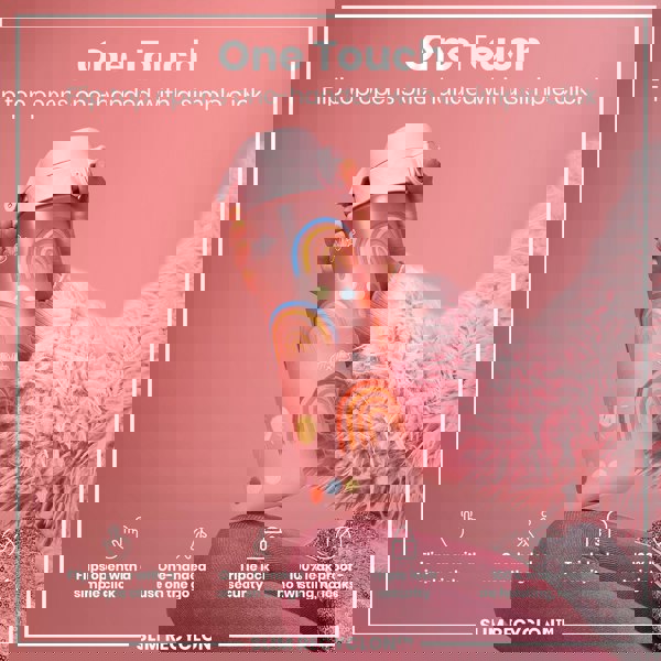 A pink water bottle, featuring rainbow designs, is held; its flip top opens one-handed. The bottle is shown against a pink background and a fuzzy pink fabric. "One Touch. Flip top opens one-handed with a simple click. Flips open with a simple click. One-handed use on the go. Triple lock security. 100% leak proof - no twisting, no leaks. SLIM RECYCLON™"