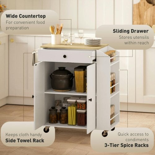 Wyld Haus Semi Wooden White Rolling Kitchen Island With Drawer 3 Tier Spice Rack And Towel Rail