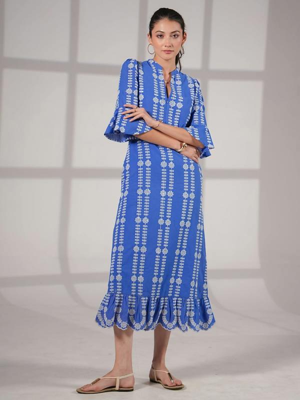 Rose & Nancy Cat Blue Cotton Broderie Midi Dress