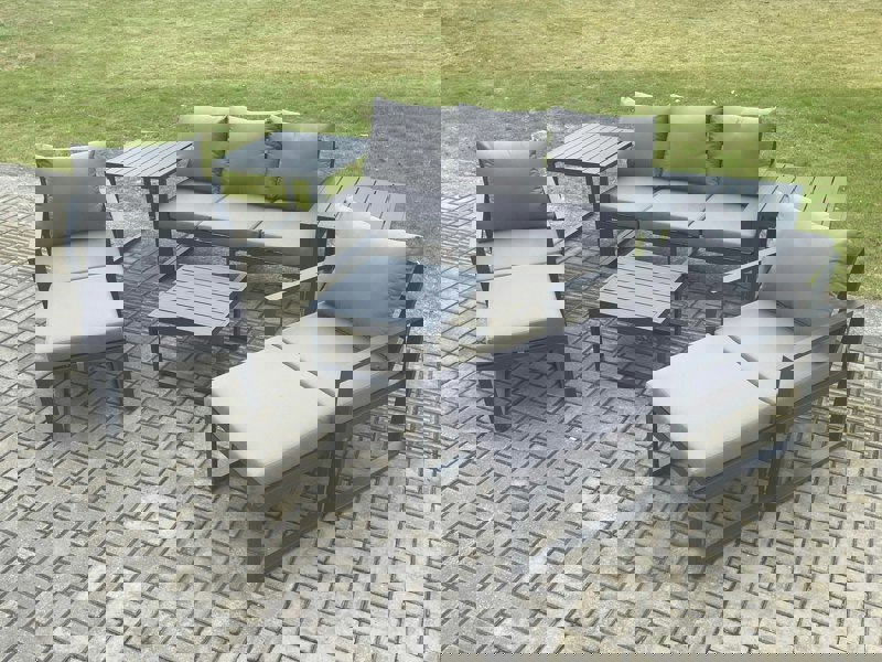 Fimous Aluminium Outdoor Lounge Sofa Set Garden Furniture Sets with Square Coffee Table 2 Chairs 2 Big Footstools 2 Side Tables Dark Grey 7 Seater