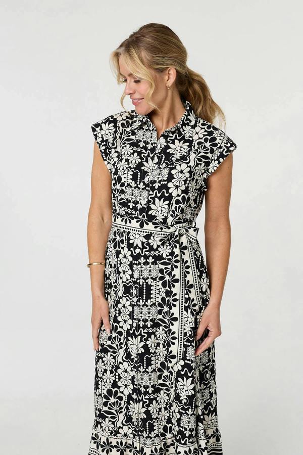 Black | Floral Cap Sleeve Tie Midi Shirt Dress