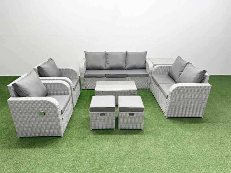 Fimous Light Grey PE Rattan Outdoor Lounge Set - Adjustable Chair, Double Loveseat, Oblong Coffee Table, 2 Stools & Side Table